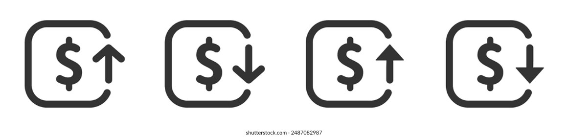 Cost reduction and increase icons. Dollar decrease and increase flat vector icons set