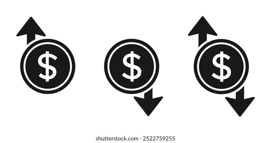 Cost reduction and increase icons. Dollar rate decrease and increase flat vector icons set. Dollar rate decrease and increase icon