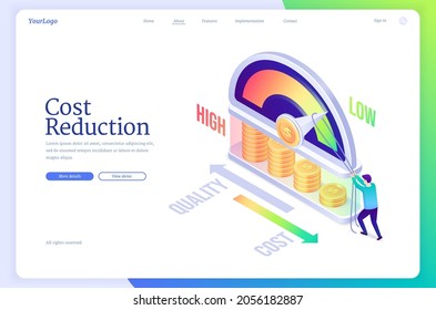 Cost reduction isometric landing page, business concept of optimization financial and marketing strategy, balance between low and high spending, price cut, quality maximization 3d vector web banner