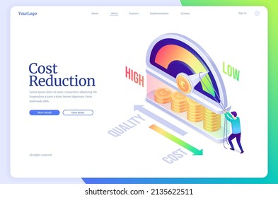 Cost reduction isometric landing page, business concept of optimization financial and marketing strategy, balance between low and high spending, price cut, quality maximization 3d vector web banner