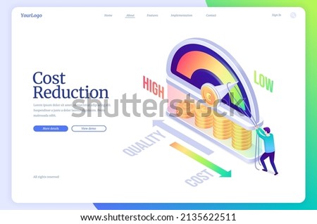 Cost reduction isometric landing page, business concept of optimization financial and marketing strategy, balance between low and high spending, price cut, quality maximization 3d vector web banner