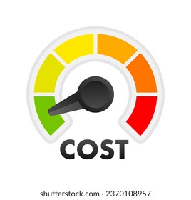 Cost reduction Level Meter, measuring scale. Cost reduction Level speedometer indicator. Price management. Vector stock illustration