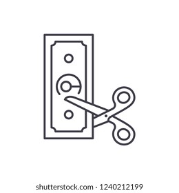 Concepto de icono de línea de reducción de costes. Ilustración lineal vectorial de reducción de costes, símbolo, signo