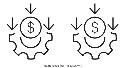 Cost reduction, money line icon. Arrow dollar euro icon set. Dollar value decreases icon set vector illustration.