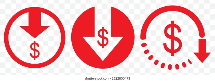 Redução de custo Ícone vermelho do vetor conceitos Ícone de redução de custo, sinal de redução de custo vetor no fundo transparente. EPS 10.