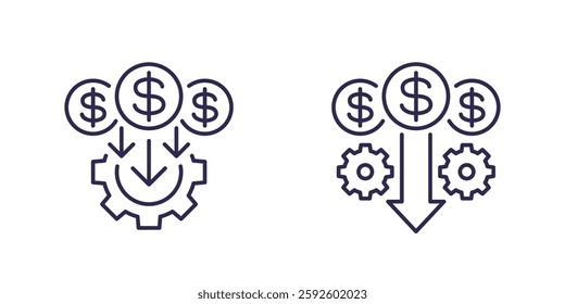 cost reduction, reducing money line icons