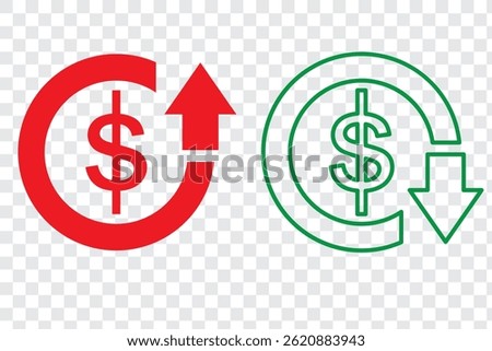 Cost reduction and rise up icon. Dollar increase and reduce arrow sign. Money rotation business symbol. Currency exchange. Vector elements isolated.