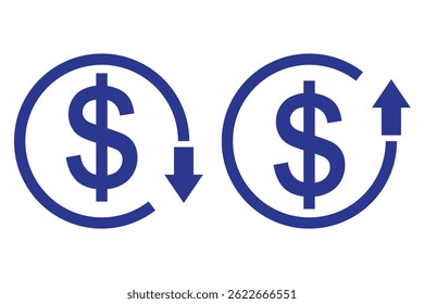 Cost reduction, Cost rising. Cost increase. Price reduced, discount icon. Financial concept. Sign up and down price. Costs cutting and efficiency concept vector design and illustration.