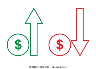 Cost reduction, Cost rising. Cost increase. Price reduced, discount icon. Financial concept. Sign up and down price. Costs cutting and efficiency concept. cost up and down, reduce and rising icon. 