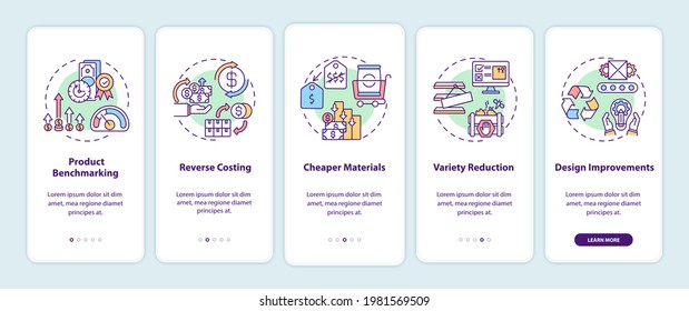 Cost reduction strategies onboarding mobile app page screen with concepts. Product benchmarking walkthrough 5 steps graphic instructions. UI vector template with RGB color illustrations