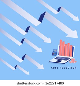cost reduction strategy and analysis. Laptop with graph fall down symbol. Vector illustration