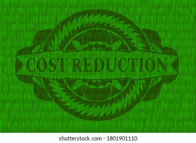 Cost Reduction text inside green turf grass badge. Eco fancy background. Intense illustration. 