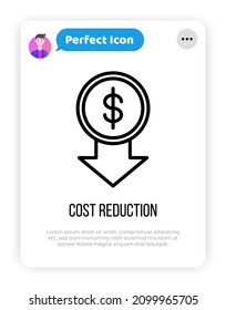 Icono de línea delgada de reducción de costos. Oferta especial, promoción, caída de precios. Ilustración vectorial moderna.