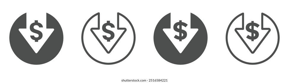 Conjunto de iconos planos de Vector de reducción de costos. Signos de reducción de Precio