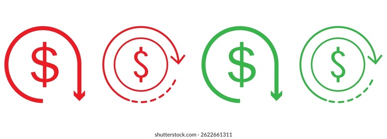 Conceptos de ícono de Vector de reducción de costos, ícono de reducción de costos. Vector de disminución de dólares. símbolo de disminución de ganancias. signo de ahorro de costos. Ilustración vectorial eps 10