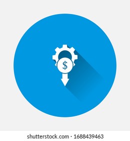 Cost reduction vector icon on blue background. Flat image with long shadow.