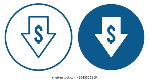 Conjunto de iconos vectoriales de reducción de costos. Icono de Vector de reducción de costos de fabricación. Icono de dólar con flecha, ilustración de stock.