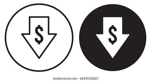 Conjunto de ícones de vetor de redução de custo. Ícone de vetor de redução de custo de fabricação. Ícone de dólar com seta, ilustração de ações.