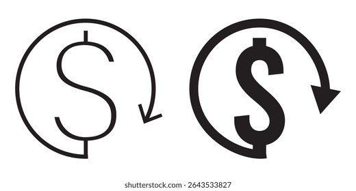 Cost reduction vector icons set. Manufacturing cost reduction vector icon. Dollar icon with arrow, stock illustration.