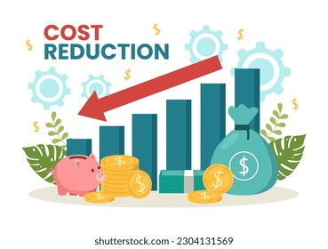 Cost Reduction Vector Illustration with Decrease, Price Minimising or Falling Rate of Profit in Business Flat Cartoon Hand Drawn Templates