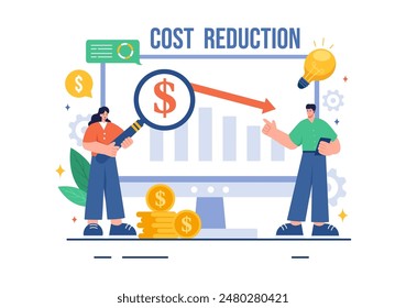 Ilustración vectorial de reducción de costos que representa la disminución, la minimización de Precios o la caída de las tasas de beneficio en los negocios, en un fondo plano de dibujos animados