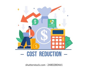 Cost Reduction Vector Illustration depicting Decrease, Price Minimization, or Falling Profit Rates in Business, in a Flat Style Cartoon Background