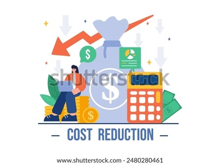 Cost Reduction Vector Illustration depicting Decrease, Price Minimization, or Falling Profit Rates in Business, in a Flat Style Cartoon Background