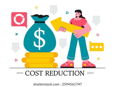 Cost Reduction Vector Illustration featuring Decreasing Expenses, Price Minimization, and Falling Profit Rates in Business with a Flat Background