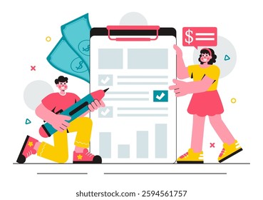 Cost Reduction Vector Illustration featuring Decreasing Expenses, Price Minimization, and Falling Profit Rates in Business with a Flat Background