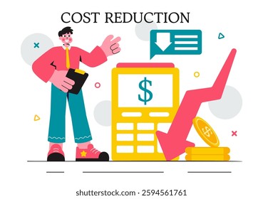 Cost Reduction Vector Illustration featuring Decreasing Expenses, Price Minimization, and Falling Profit Rates in Business with a Flat Background