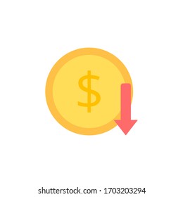 Vector de reducción de costes. El dinero se deprecia. Símbolo de dinero con flecha roja hacia abajo sobre fondo blanco.