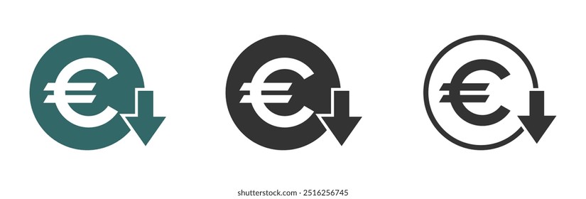 Sinais de vetor de redução de custo. Ícones de vetor de diminuição do euro