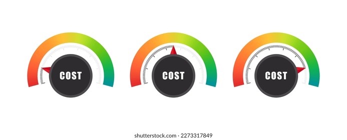 Cost regulator. Knob, rotary dials with round scale and round controller. Vector images