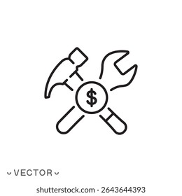 cost of repair icon, hammer wrench and dollar coin, price of repair work concept, thin line symbol isolated on white background, editable stroke eps 10 vector illustration