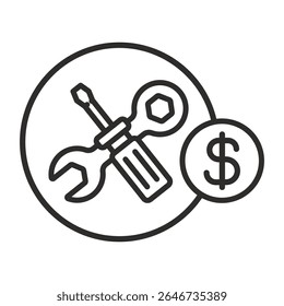 Cost of repair icon. Linear vector illustration. Repair work price. Screwdriver wrench and dollar coin. Simple symbols. Pay for service.
