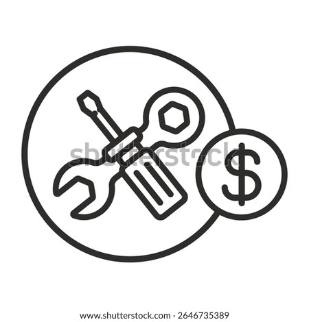 Cost of repair icon. Linear vector illustration. Repair work price. Screwdriver wrench and dollar coin. Simple symbols. Pay for service.