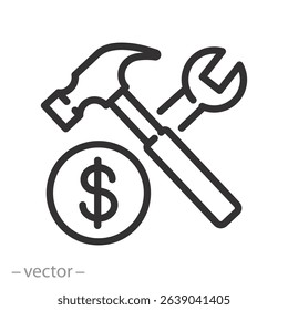 cost of repair icon, price of repair work, payment for construction service, hammer wrench and dollar coin, thin line web symbol on white background, editable stroke vector illustration eps10