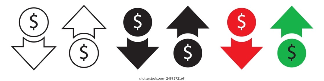 Icono de aumento de costos. Icono de aumento de dinero con el símbolo de flecha hacia arriba, icono de disminución de dólares.