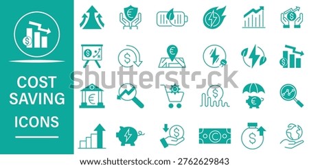 Cost saving icon collection. Solid icon pack contain savings, budget, finance, profit, economy, and more. Vector illustration.