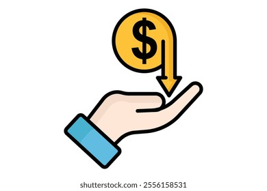 Cost saving icon. colored outline icon style. hand with dollar and down arrow. icon related to procurement. procurement management elements vector illustration