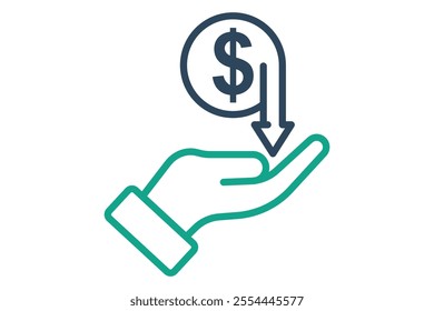 Cost saving icon. line icon style. hand with dollar and down arrow. icon related to procurement. procurement management elements vector illustration