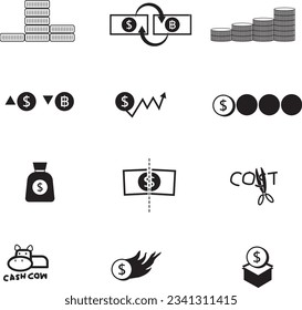 Cost Saving icon list Piggy bank, Glow, Leaf, Jar, Burn, Money Idea_Set1 Cut cost Icon vecter Black and whtie mono tone