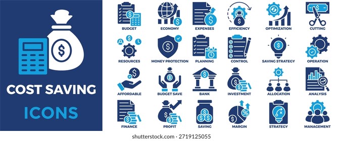 Conjunto de iconos de ahorro de costos La colección en el paquete de iconos contiene un resumen, que contiene presupuesto, economía, gastos, eficiencia, optimización, corte, finanzas, ganancias, ahorro, reducir