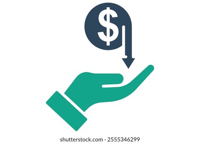 Cost saving icon. solid icon style. hand with dollar and down arrow. icon related to procurement. procurement management elements vector illustration