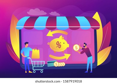 Cost saving. Online payment. Money transfer. Financial savings. Cashback service, online cashback extension, get your cashback reward concept. Bright vibrant violet vector isolated illustration