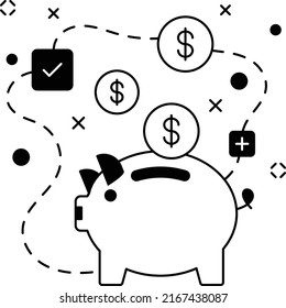 cost saving strategy Concept, Piggy bank with flying coin vector icon design, business corporation symbol, Joint partnership Sign, Sale and Marketing management stock illustration