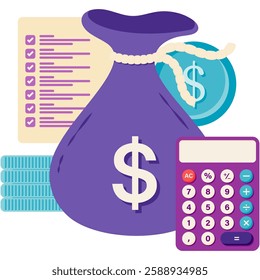cost savings, money bag with calculator and financial report