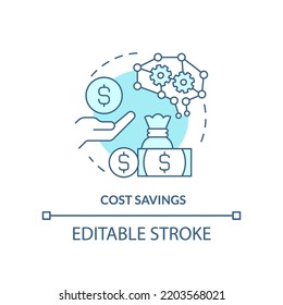 Cost savings turquoise concept icon. Cheap automation service. AI in marketing abstract idea thin line illustration. Isolated outline drawing. Editable stroke. Arial, Myriad Pro-Bold fonts used