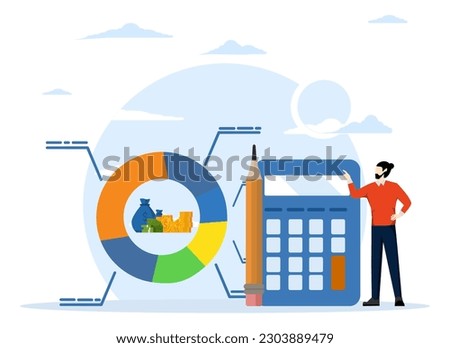 Cost structure, budget or savings concept, debt and investment analysis, cost and income balance calculation, income, money management, businessman with calculator with pie chart of cost structure.