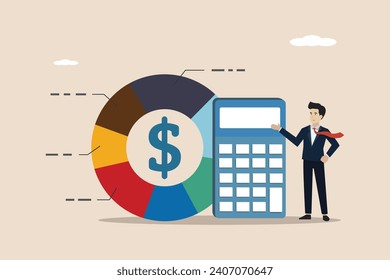 Cost structure, calculating balance of expenses and income, income analysis, money management, budget concept, businessman with calculator with pie chart of cost structure.